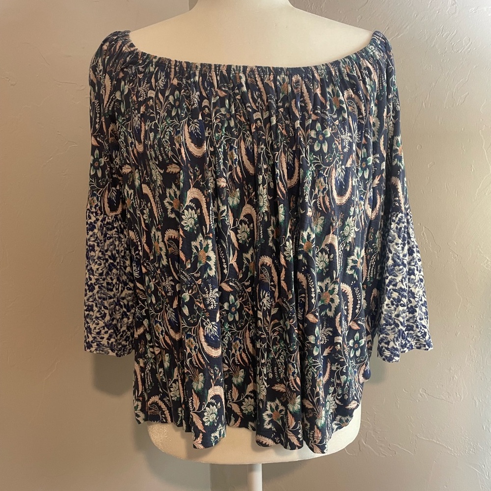 Lucky Brand Black and White Smocked 3/4 Sleeve Blouse